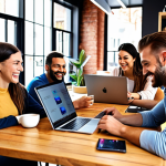 ** A diverse group of people working from various locations (home, cafe, co-working space) on laptops and tablets, smiling and engaged. The background shows modern, comfortable settings. The overall feeling is productive and happy.

**