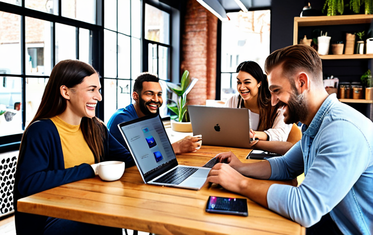 ** A diverse group of people working from various locations (home, cafe, co-working space) on laptops and tablets, smiling and engaged. The background shows modern, comfortable settings. The overall feeling is productive and happy.
**