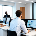 A diverse team of professionals collaborating seamlessly in a modern, hybrid workspace. Some individuals are seated at sleek office desks with computers, while others are visible on large, transparent holographic screens, symbolizing global remote presence and diverse locations. The environment is bright, organized, and technologically advanced, with subtle lines indicating data flow and connectivity. All subjects are fully clothed in professional business attire, demonstrating appropriate content. The image emphasizes a professional, family-friendly atmosphere with perfect anatomy, correct proportions, natural poses, well-formed hands, and proper finger counts. High-quality corporate photography, safe for work.